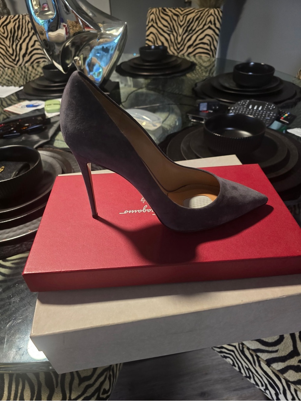 Salvatore Ferragamo Charcoal Gray Suede Pointed-Toe Stiletto